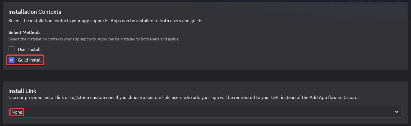 Setting the Installation Context and the Install Link on the Discord Developer Portal