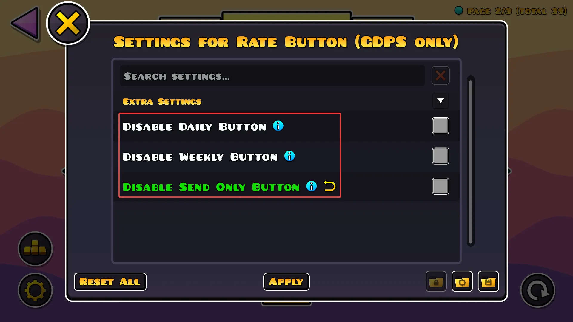 Additional features shown in the mod settings